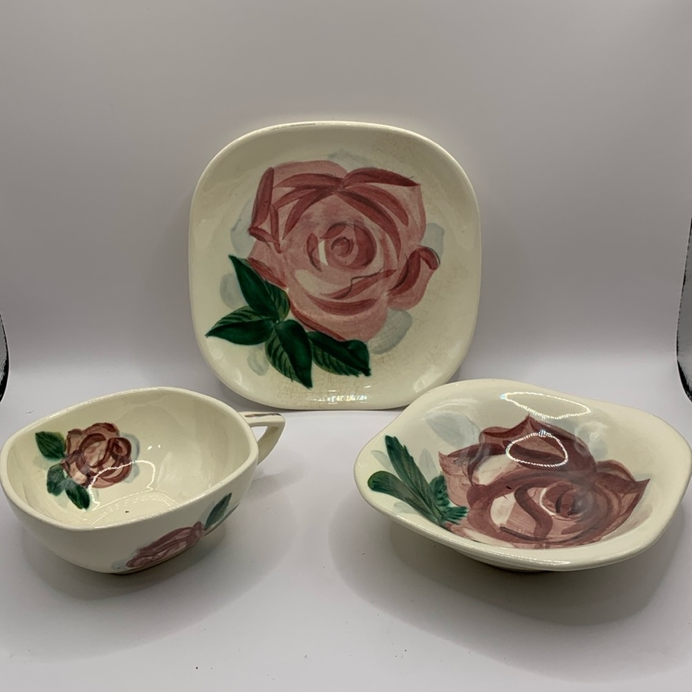 VINTAGE REDWING CHINA HANDPAINTED LEXINGTON ROSE- (3) PIECES SQ CUP/SAUCER/BOWL
